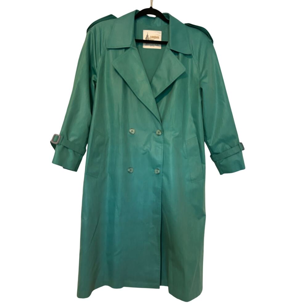 London Fog double breasted beautiful blue/green light weight trench/rain coat 8P